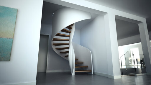 Tornado – Escalera de madera curvada con líneas fluidas y orgánicas