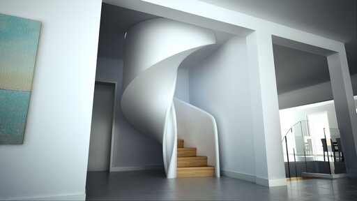 Tornado – Escalera de madera curvada con líneas fluidas y orgánicas