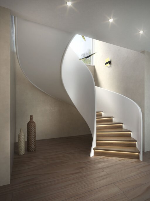 Tornado – Escalera de madera curvada con líneas fluidas y orgánicas
